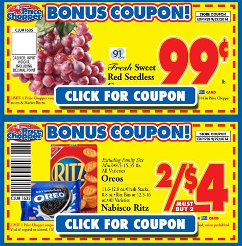 Scan your REWARDS card and your clipped coupons will automatically be applied to your order. You must be signed into your REWARDS account to view and clip exclusive digital coupons. Sign In now to start saving. Free grocery coupons for shopping at your local Price Chopper.